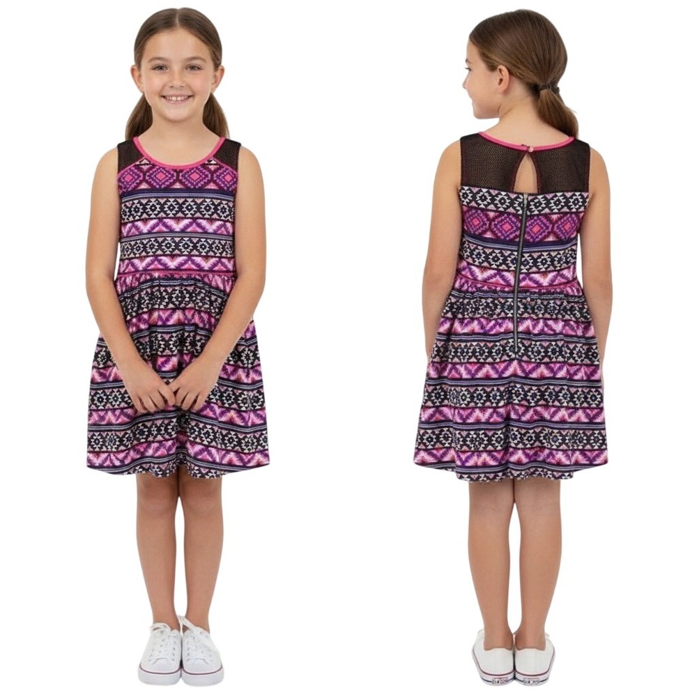 Girls Sequin Hearts Dress Size 8 Purple Black Diamond Print Sleeveless Keyhole